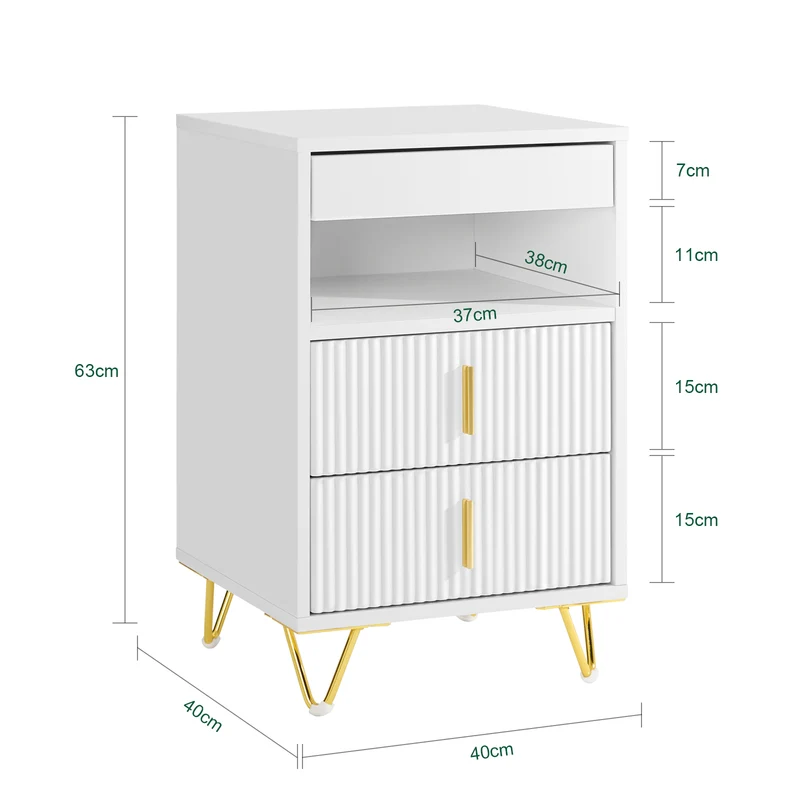SoBuy FBT168-W Stolik nocny, szafka nocna z 3 szufladami i półką, nowoczesny stolik pomocniczy do sypialni i salonu, kolor biały, szer. 40 x gł. 40 x wys. 63 cm