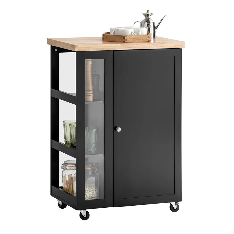 SoBuy FKW75-SCH Czarny Wózek Kuchenny z Szafką, Blatem i Boczną Półką – 57×37×90 cm, Nośność 75 kg, Mobilna Wyspa Kuchenna