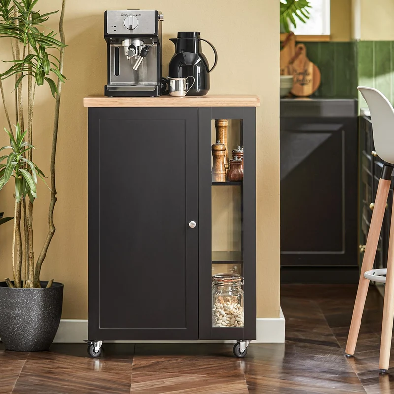 SoBuy FKW75-SCH Czarny Wózek Kuchenny z Szafką, Blatem i Boczną Półką – 57×37×90 cm, Nośność 75 kg, Mobilna Wyspa Kuchenna
