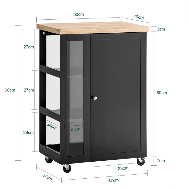 SoBuy FKW75-SCH Czarny Wózek Kuchenny z Szafką, Blatem i Boczną Półką – 57×37×90 cm, Nośność 75 kg, Mobilna Wyspa Kuchenna