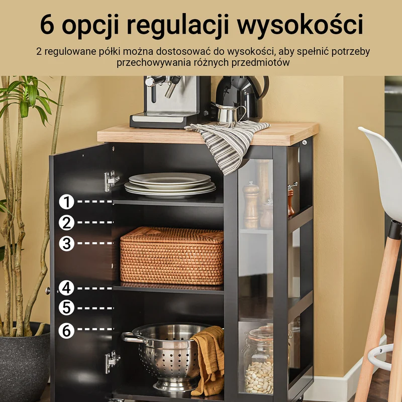 SoBuy FKW75-SCH Czarny Wózek Kuchenny z Szafką, Blatem i Boczną Półką – 57×37×90 cm, Nośność 75 kg, Mobilna Wyspa Kuchenna