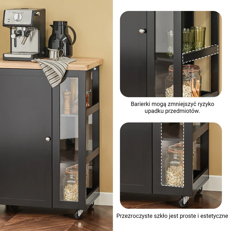 SoBuy FKW75-SCH Czarny Wózek Kuchenny z Szafką, Blatem i Boczną Półką – 57×37×90 cm, Nośność 75 kg, Mobilna Wyspa Kuchenna