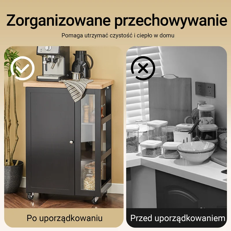 SoBuy FKW75-SCH Czarny Wózek Kuchenny z Szafką, Blatem i Boczną Półką – 57×37×90 cm, Nośność 75 kg, Mobilna Wyspa Kuchenna