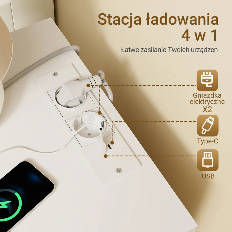 SoBuy FBT115-E-W, Stolik nocny z ładowaniem, szafka nocna z 2 gniazdkami, USB i Type-C, stolik pomocniczy do sypialni i salonu, biały, 40 x 40 x 47 cm