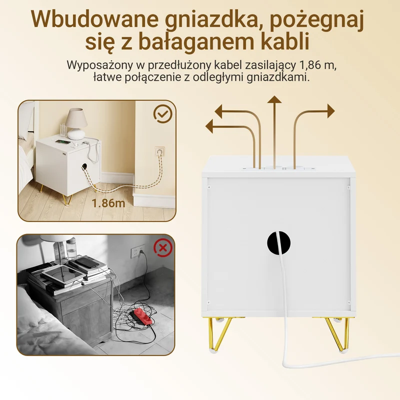 SoBuy FBT115-E-W, Stolik nocny z ładowaniem, szafka nocna z 2 gniazdkami, USB i Type-C, stolik pomocniczy do sypialni i salonu, biały, 40 x 40 x 47 cm