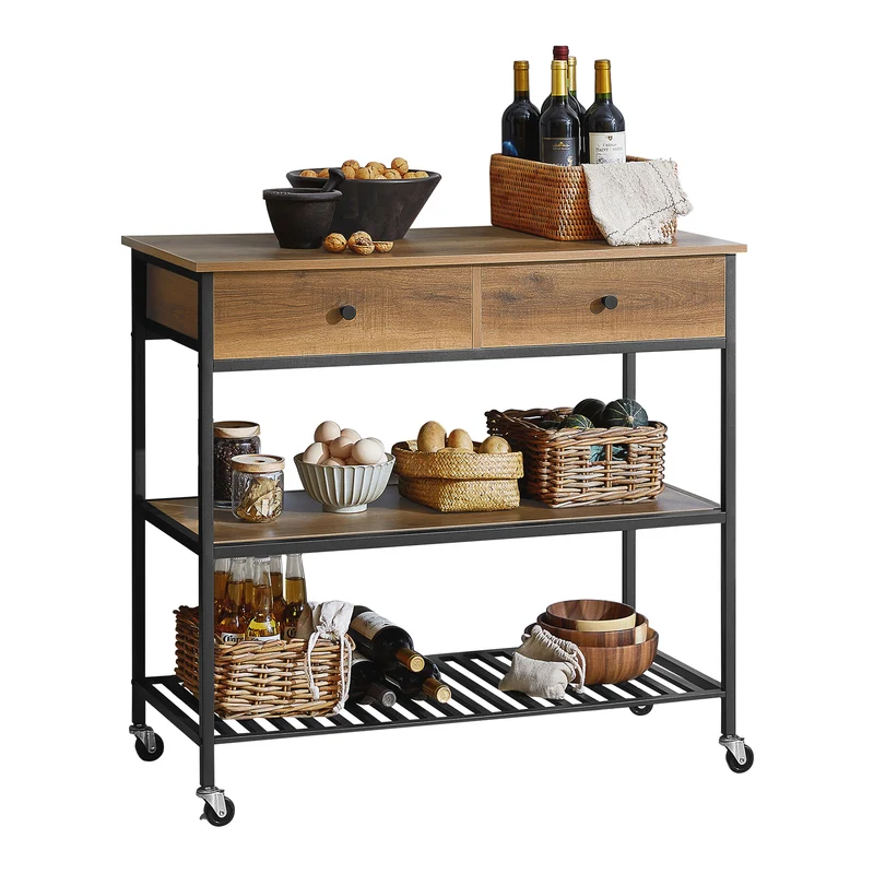 SoBuy FKW112-PF Teollistyylinen Keittiövaunu Pyörillä – 2 Vetolaatikkoa ja 2 Avohyllyä, 100 × 45 × 93 cm, Musta