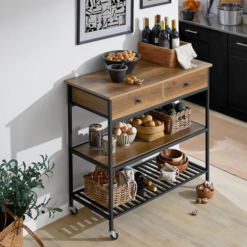 SoBuy FKW112-PF Teollistyylinen Keittiövaunu Pyörillä – 2 Vetolaatikkoa ja 2 Avohyllyä, 100 × 45 × 93 cm, Musta