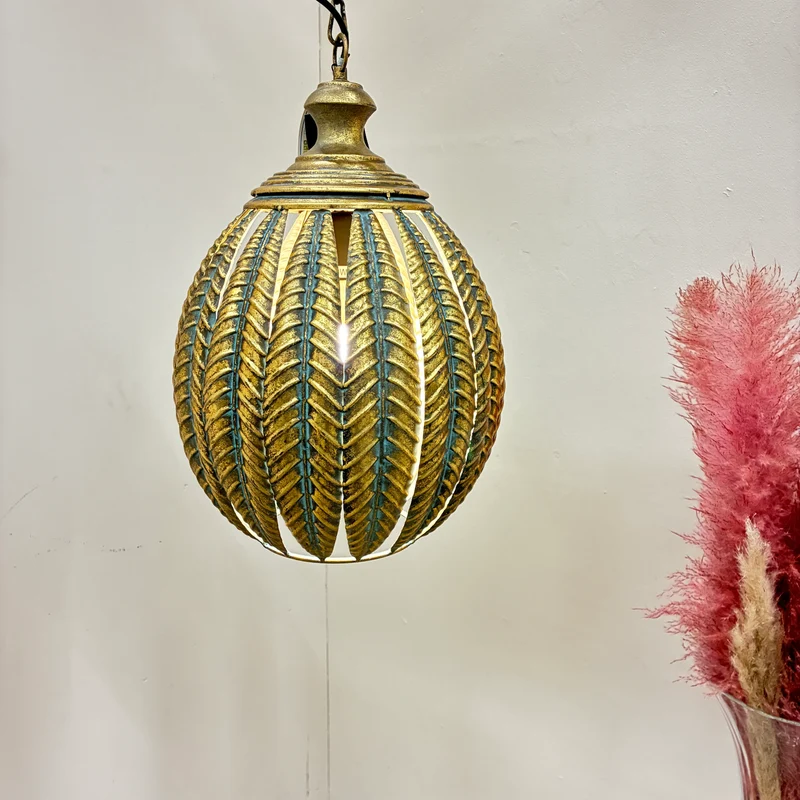 PTMD Hängelampe Mellis Hängelampe Orientalisch Kugel 46cm Kordelmuster Gold Türkis