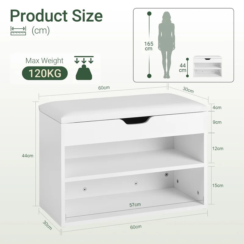 SoBuy FSR25-W Kenkäpenkki eteiseen, 2 tasoa ja pehmustettu istuin – 60 × 30 × 44 cm, valkoinen