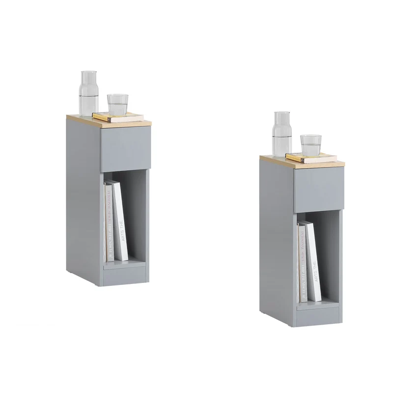 SoBuy Nachttisch 2er Set schmal Beistelltisch mit Schublade Hellgrau 20x60x35cm FBT111-HGx2