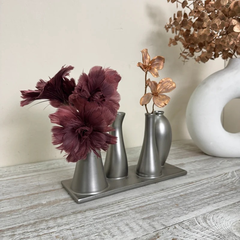 Mehrfach-Vase 4 Öffnungen Röhrenvase Tischdeko Metall Silber Vase Gebraucht