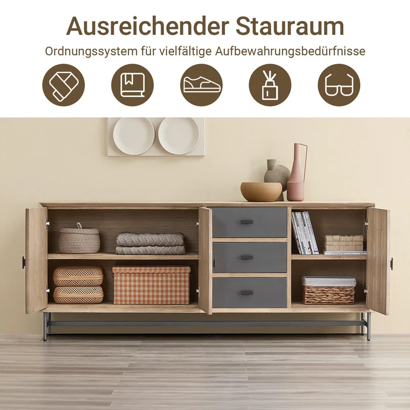 SoBuy | Sideboard Kommode Küchenschrank | 3 Schubladen & 3 Türen | vormontiert & stabil | Gummibaumholz | HFSB05-N
