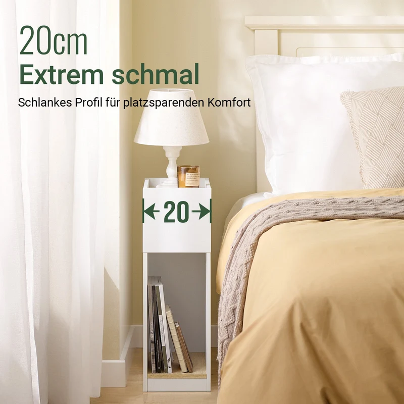 SoBuy | Schmaler Nachttisch | mit Schublade und Ablage | Weiß-Natur | FBT171-WN