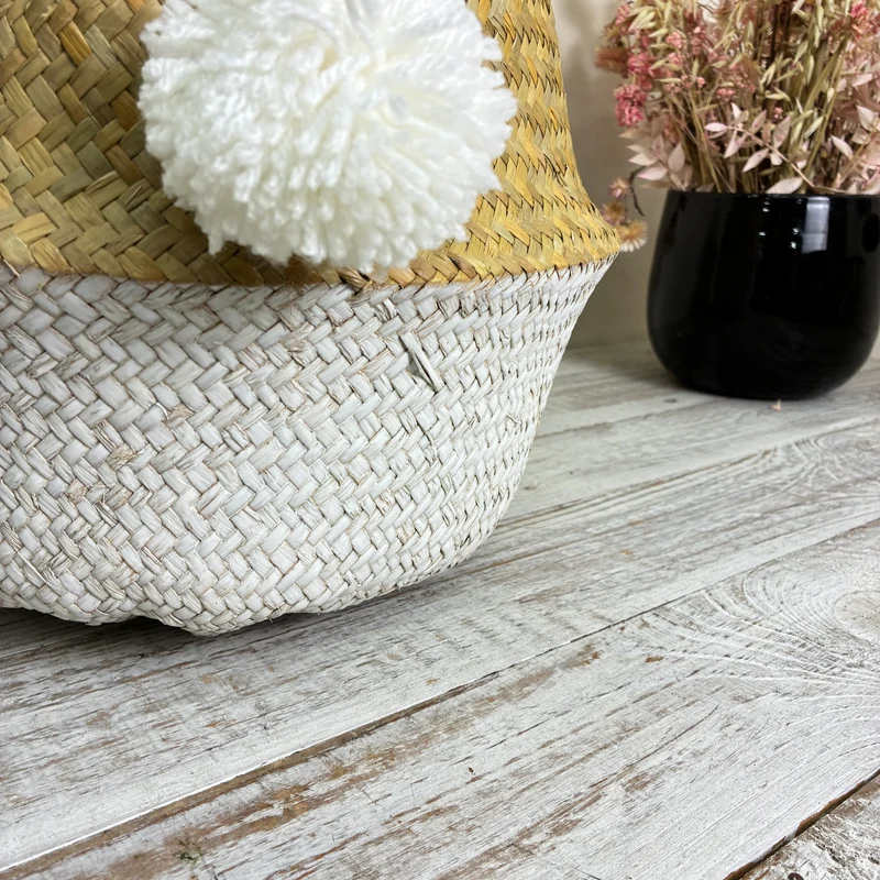 KidsDepot Aufbewahrungskorb PomPom Seegras Weiß Natur Quaste Deko