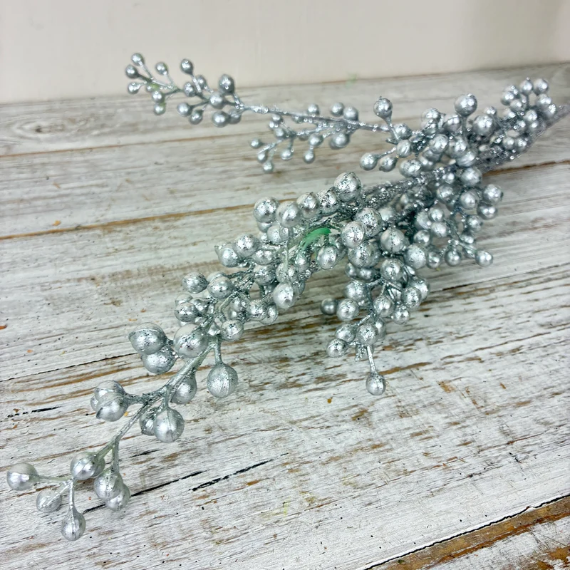 Kunstzweig Beeren 70cm Zweig Beerenzweig Silber Glitzer Kunstzweig Deko