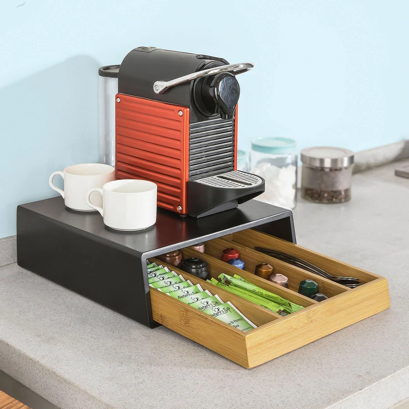 SoBuy FRG280-SCH Bambusowy Organizer na Kapsułki do Kawy, Szuflada 32 szt. do Nespresso & Dolce Gusto