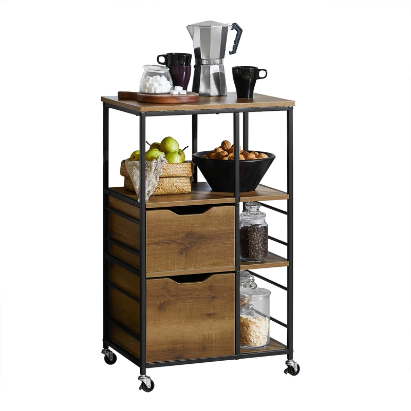 SoBuy FKW111-PF Industrialny Wózek Kuchenny na Kółkach z 2 Szufladami i 3 Półkami – 53×37×89 cm, Nośność 60 kg, Styl Vintage