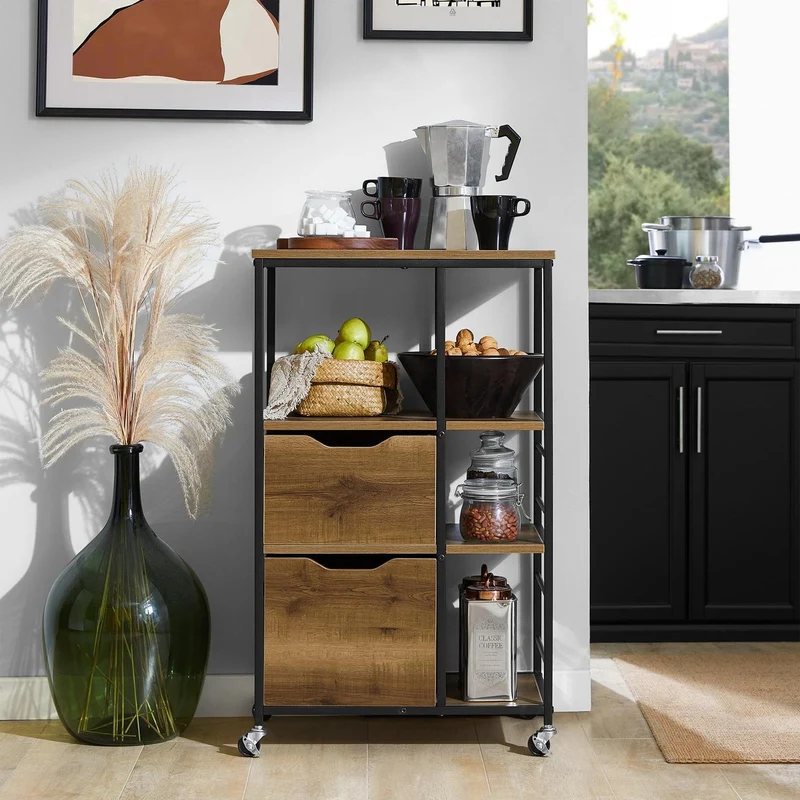 SoBuy FKW111-PF Industrialny Wózek Kuchenny na Kółkach z 2 Szufladami i 3 Półkami – 53×37×89 cm, Nośność 60 kg, Styl Vintage