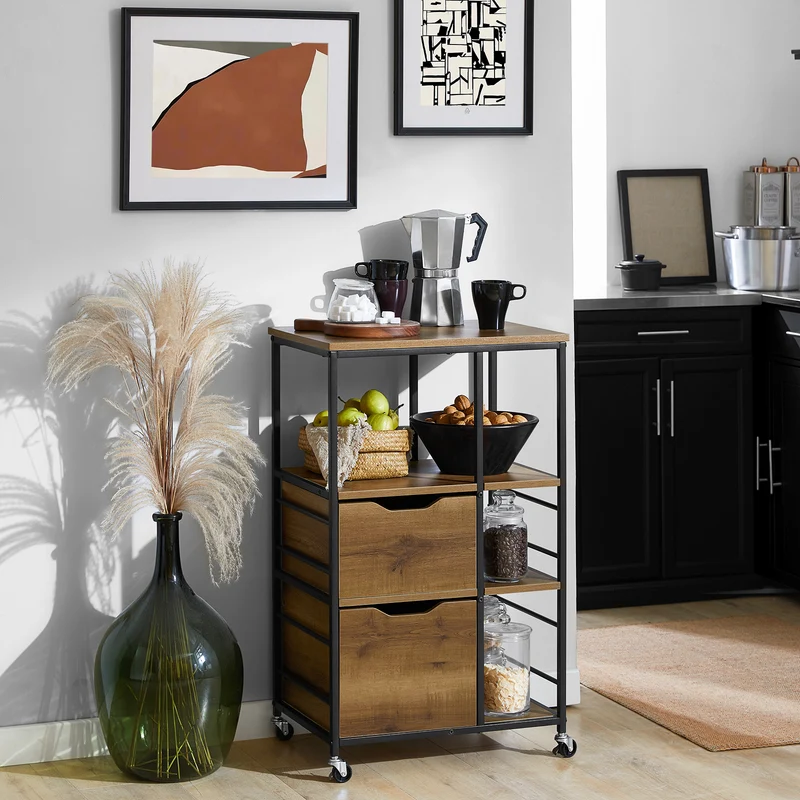 SoBuy FKW111-PF Industrialny Wózek Kuchenny na Kółkach z 2 Szufladami i 3 Półkami – 53×37×89 cm, Nośność 60 kg, Styl Vintage