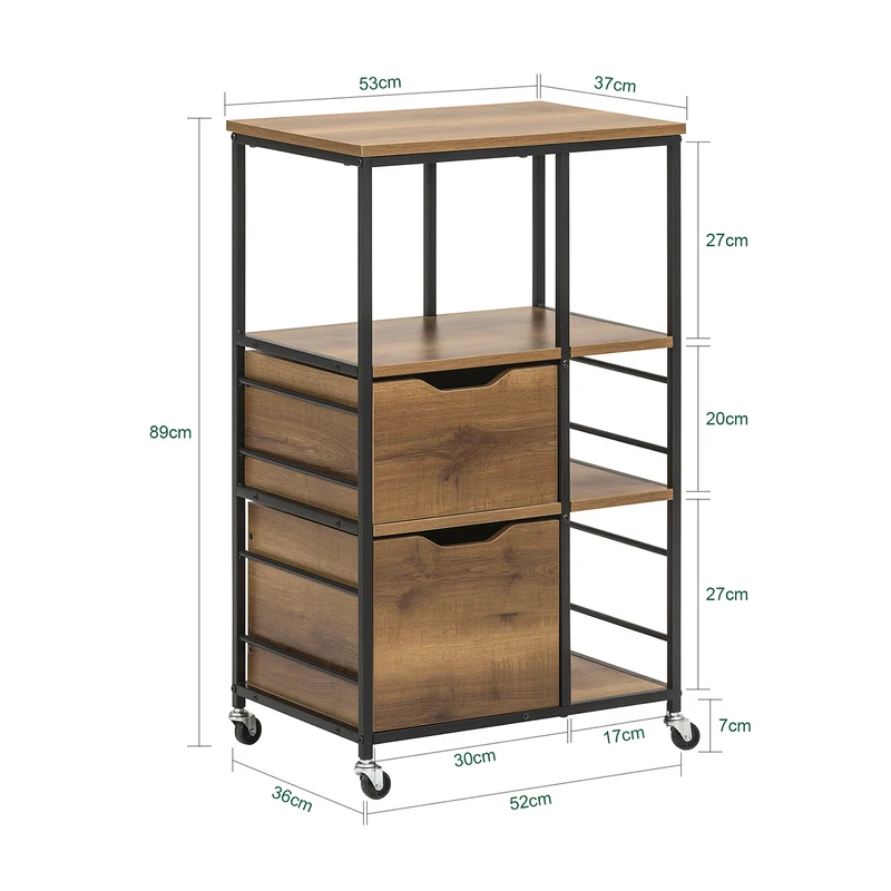 SoBuy FKW111-PF Industrialny Wózek Kuchenny na Kółkach z 2 Szufladami i 3 Półkami – 53×37×89 cm, Nośność 60 kg, Styl Vintage
