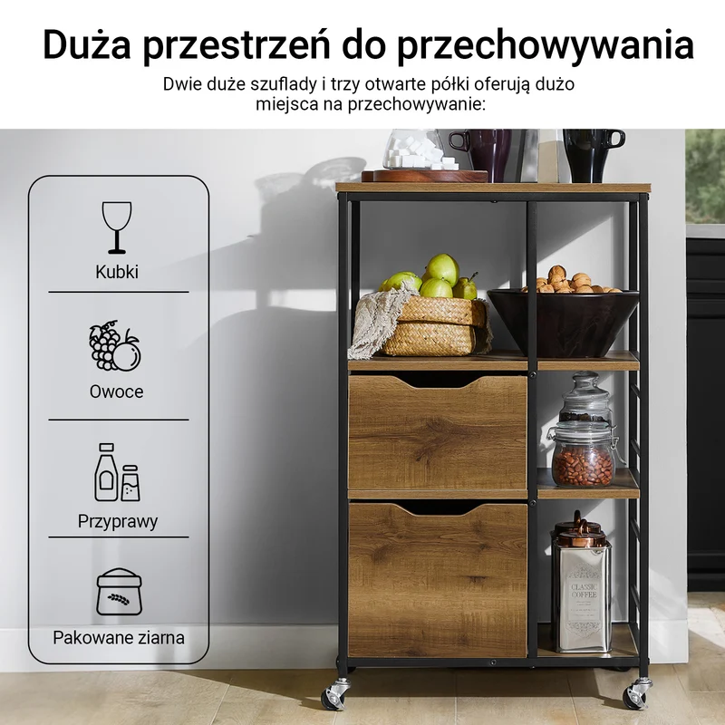 SoBuy FKW111-PF Industrialny Wózek Kuchenny na Kółkach z 2 Szufladami i 3 Półkami – 53×37×89 cm, Nośność 60 kg, Styl Vintage