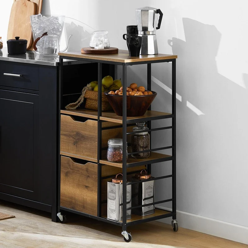 SoBuy FKW111-PF Industrialny Wózek Kuchenny na Kółkach z 2 Szufladami i 3 Półkami – 53×37×89 cm, Nośność 60 kg, Styl Vintage