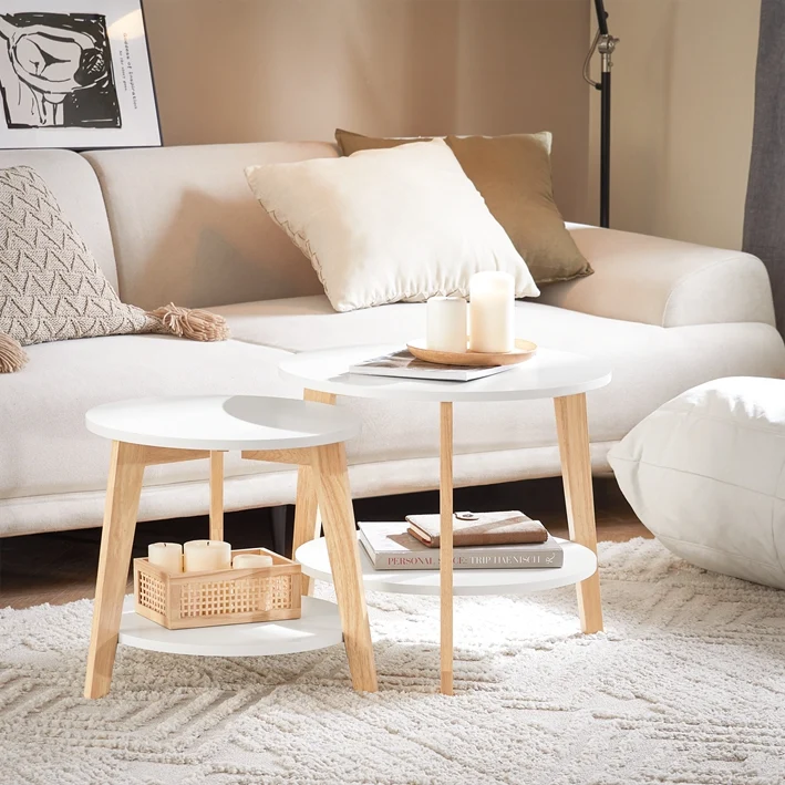 SoBuy | 2er teilig Beistelltisch | Satztisch | Kautschukholz | Weiß | FBT75-W