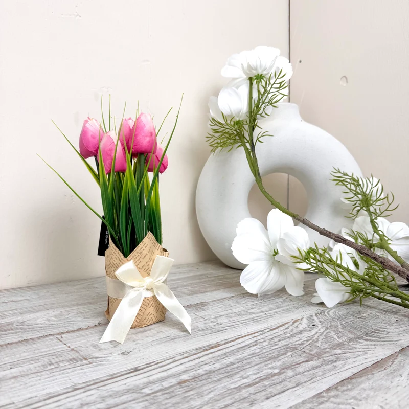 Kunstblumen Tulpen in Geschenkverpackung Deko Pink Frühling