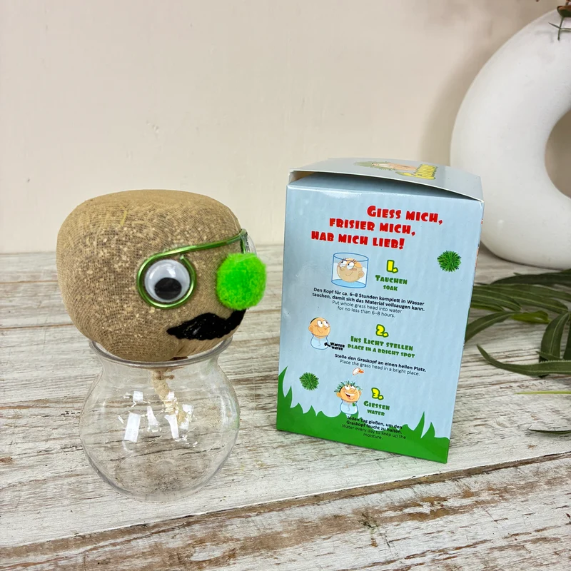 Graskopf Im Glas Grün 12cm Gesicht Pflanze Pflanz-Set Grasgesicht Deko