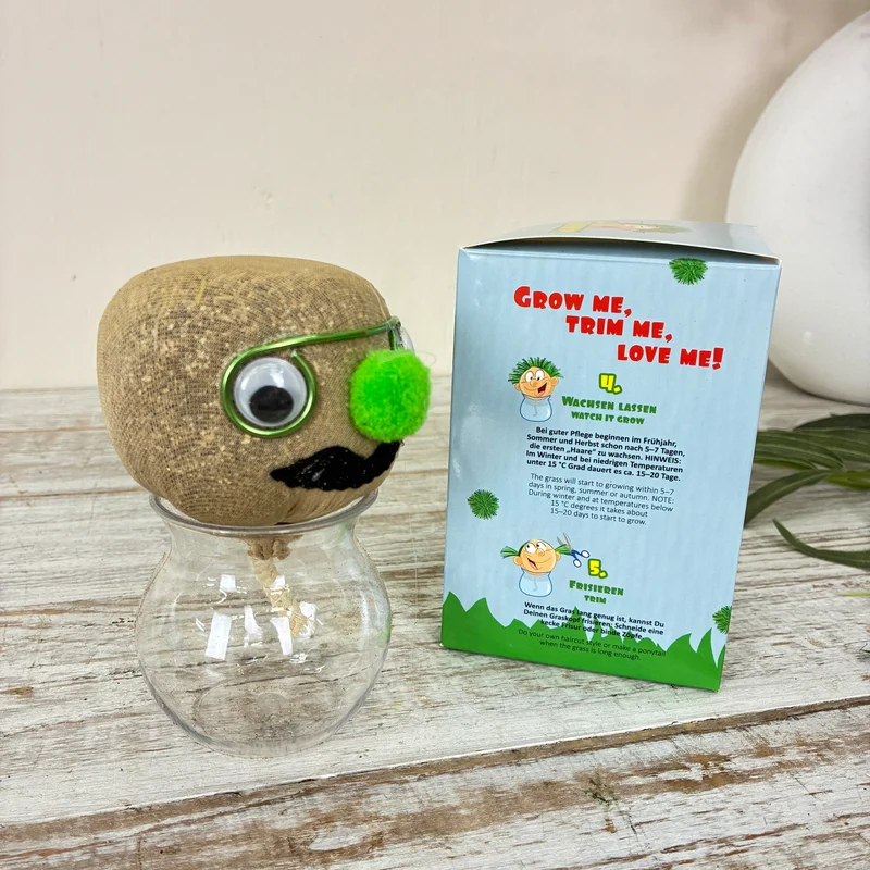 Graskopf Im Glas Grün 12cm Gesicht Pflanze Pflanz-Set Grasgesicht Deko