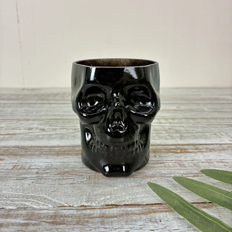 Teelichthalter Totenkopf 10cm Schwarz Keramik Kerzenhalter Deko