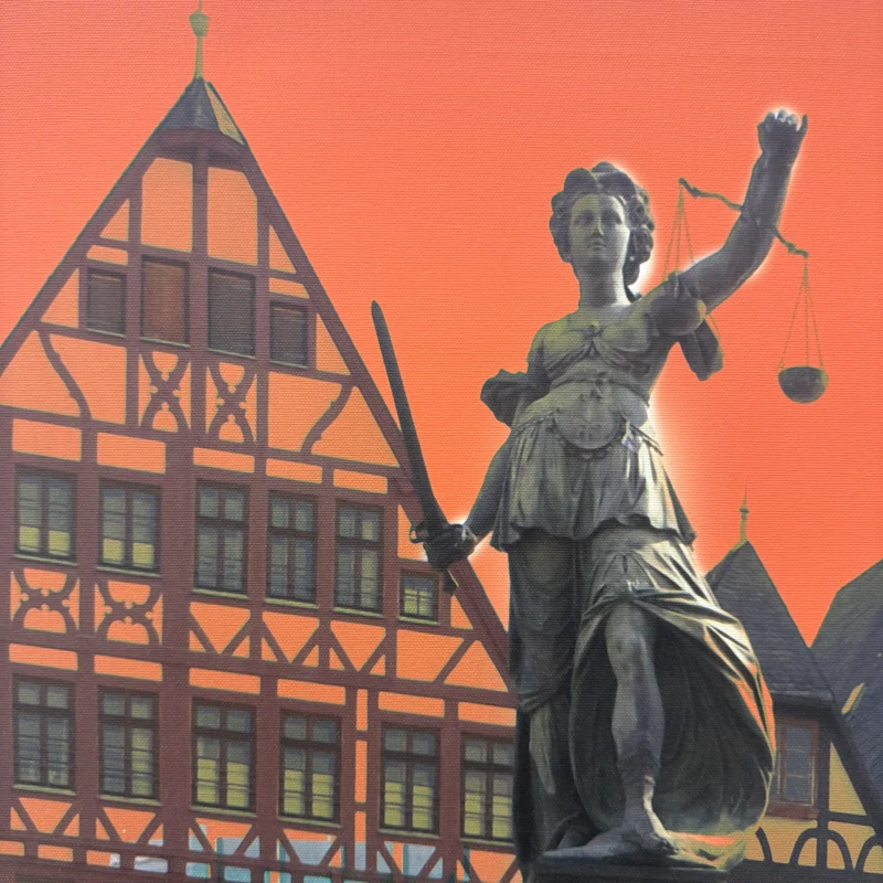 Wandbild 90x90 - Frankfurt Gerechtigkeitsbrunnen Rot - Fotodruck auf Leinwand Gebraucht