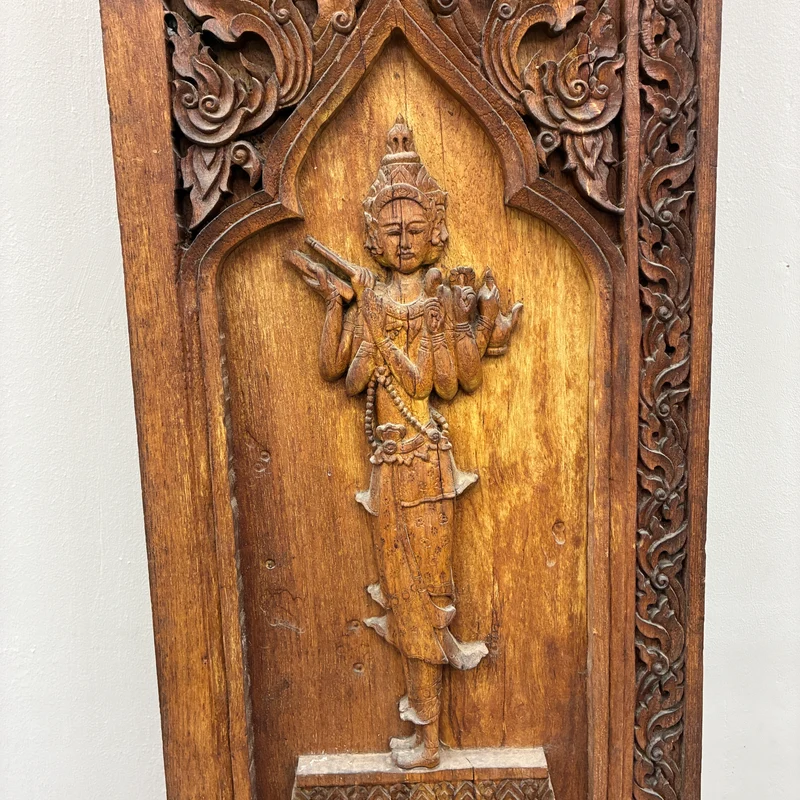 Wandpaneel Geschnitzt Thailand Gottheit Flammenbogen Holz Wandrelief Antik