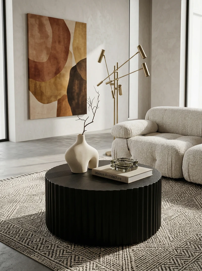 Sofatisch Rund, Schwarz Metall, Wellenmuster, Maße 67x67x31 cm