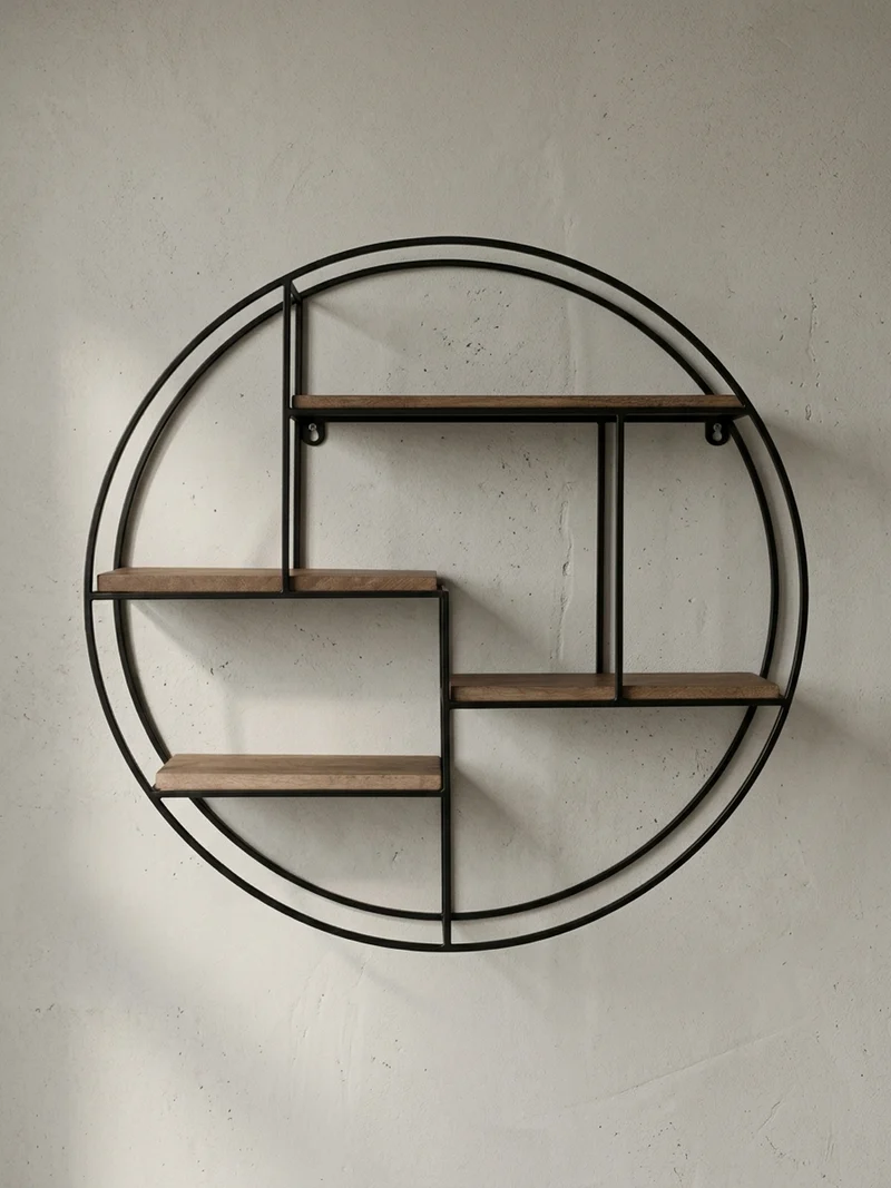 Wandregal Mango Massivholz Metall Industrial Stil 70x70x18 cm Rund