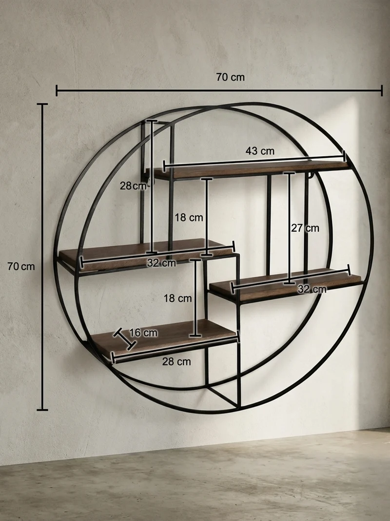 Wandregal Mango Massivholz Metall Industrial Stil 70x70x18 cm Rund