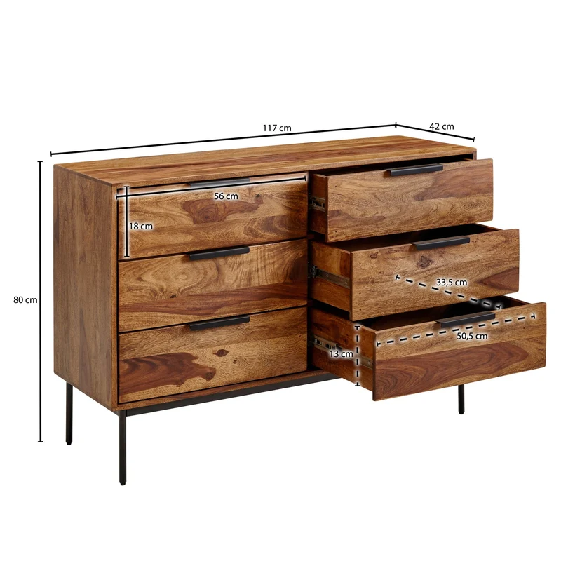 Kommode – Massivholz/Metall, 117x80x42 cm, 6 Schubladen, Industrial-Stil