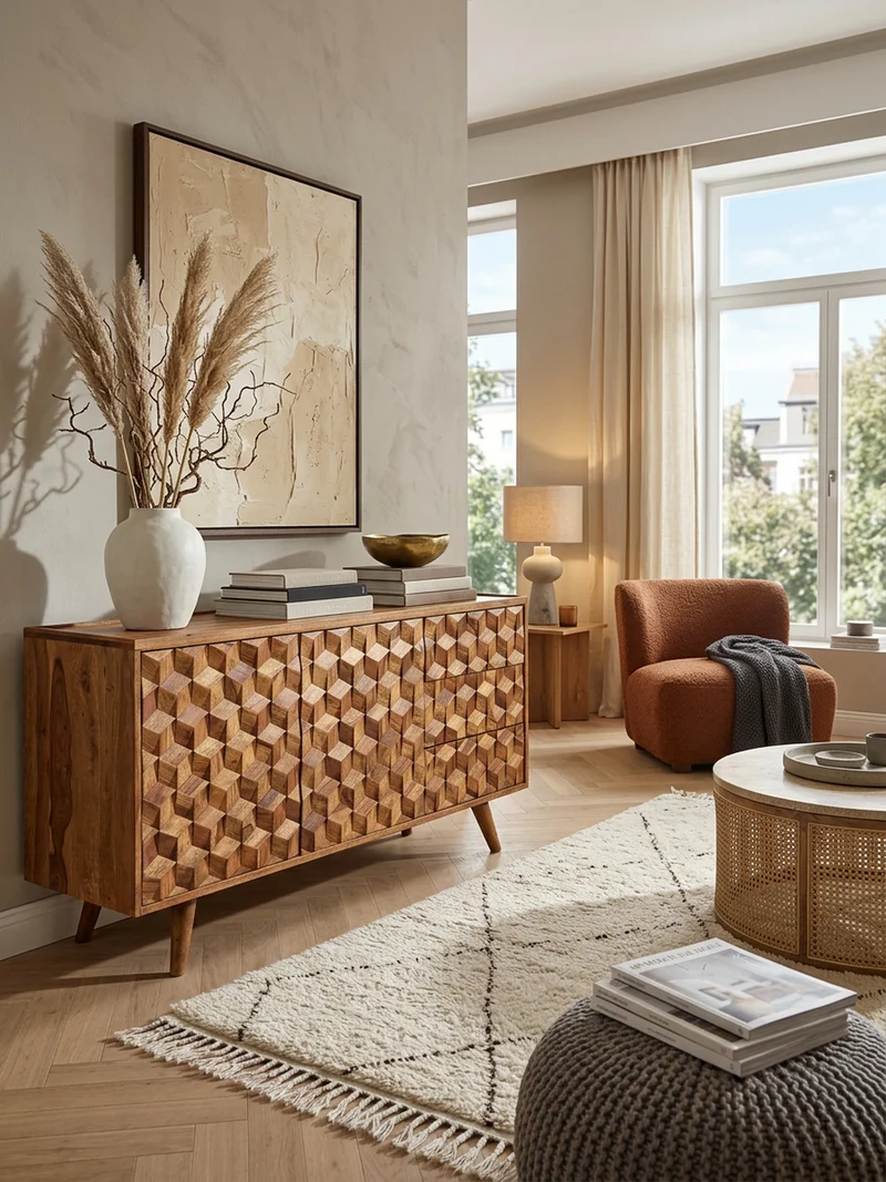 Sideboard – Massivholz, 138x76x45 cm, mit Türen und Schubladen