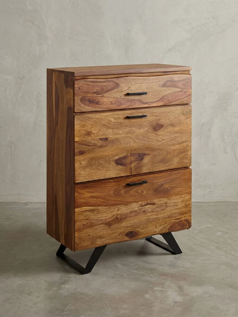 Kommode – Massivholz, 80x120x41,5 cm, Metallgestell, 3 Schubladen