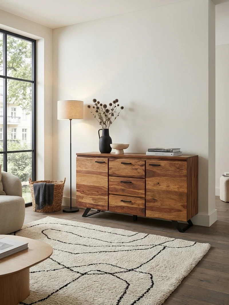 Sideboard – Massivholz, 145x82x45 cm, mit Baumkante, Metallgestell
