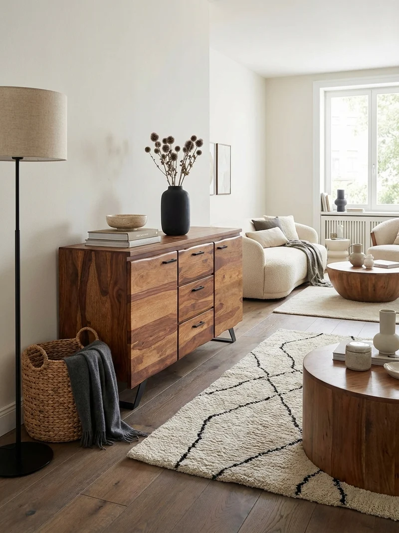 Sideboard – Massivholz, 145x82x45 cm, mit Baumkante, Metallgestell
