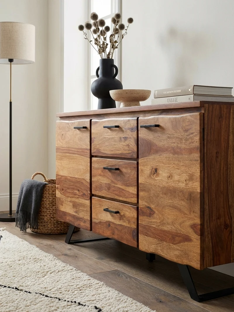 Sideboard – Massivholz, 145x82x45 cm, mit Baumkante, Metallgestell
