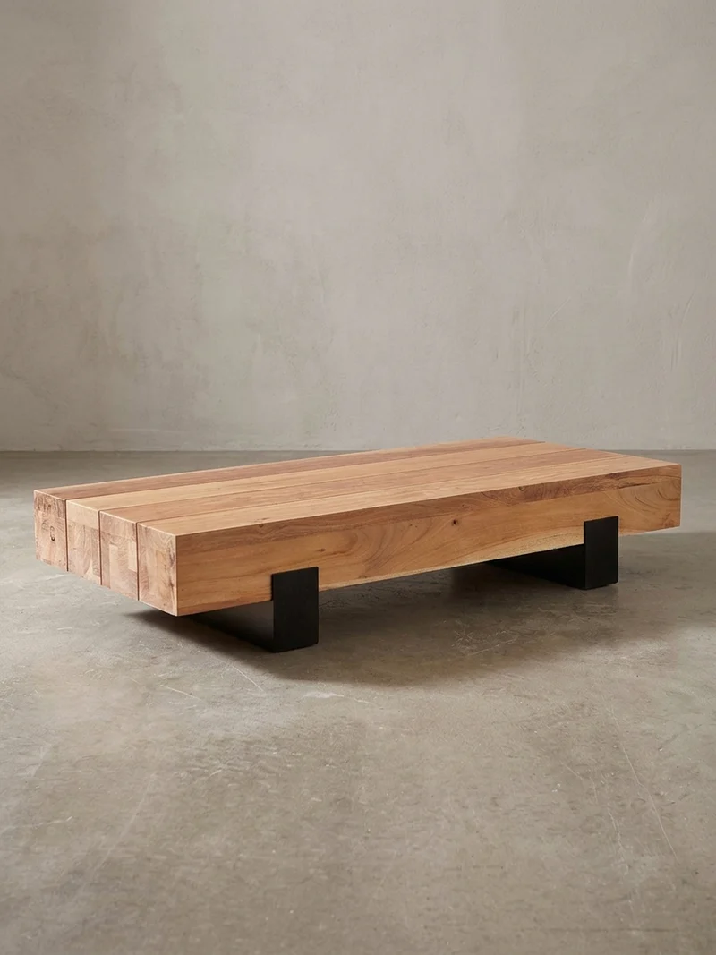 Couchtisch Industrie-Stil in Akazienholz und Schwarz Metall, Maße 130x25x59 cm