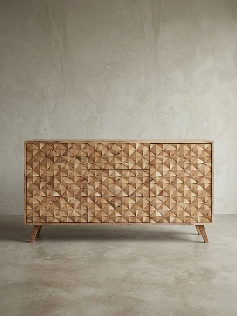 Sideboard –, Akazie Massivholz, 140x78,5x40 cm, Landhausstil, 3 Schubladen, 2 Türen