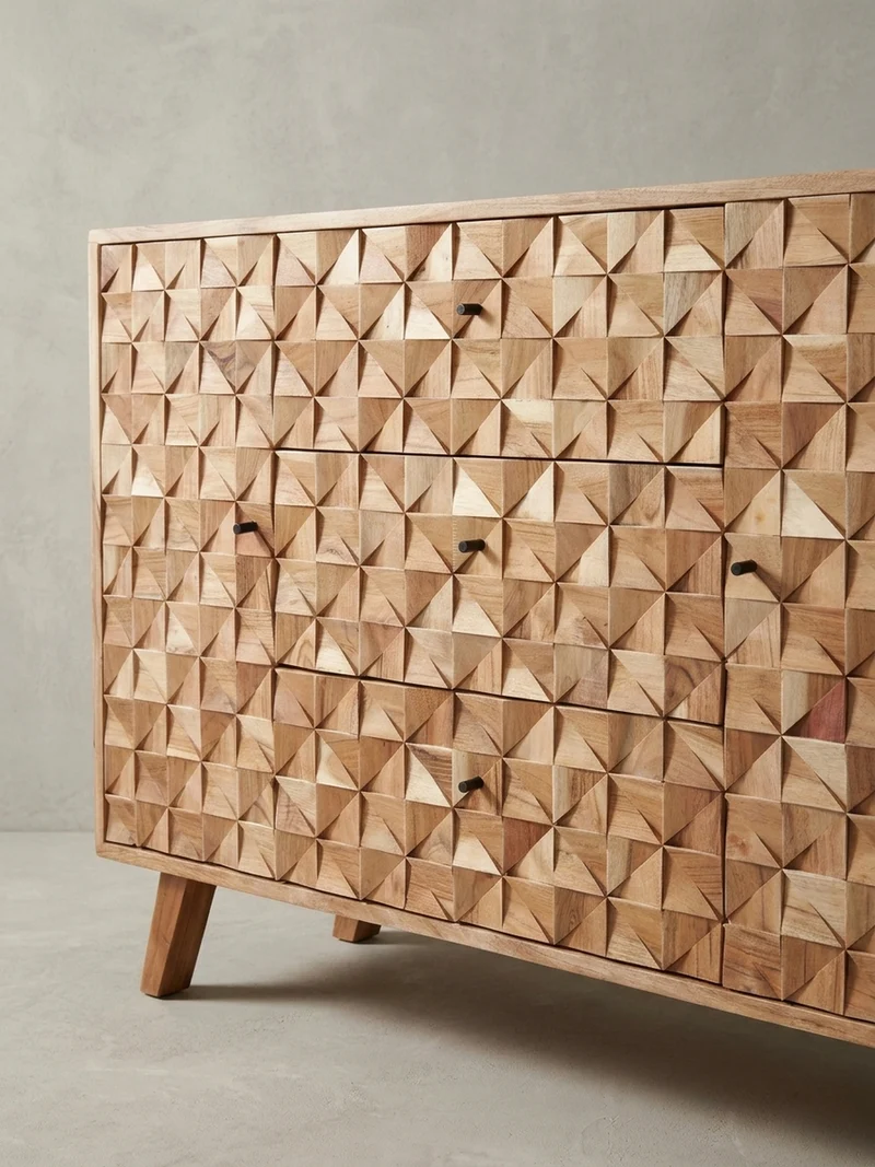 Sideboard –, Akazie Massivholz, 140x78,5x40 cm, Landhausstil, 3 Schubladen, 2 Türen