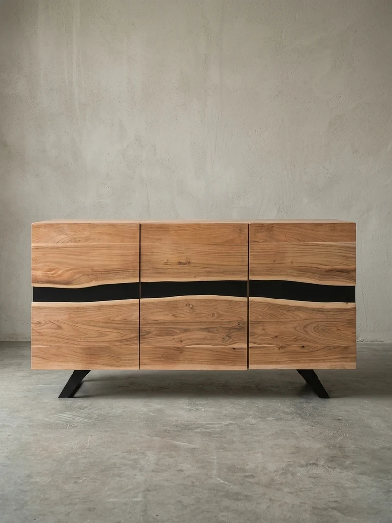 Sideboard – Akazie Massivholz, 148x85x43 cm, Baumkante, Landhausstil, breit