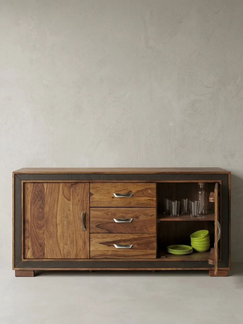 Sideboard – Massivholz, Kunstleder, 160x44x80 cm, rustikal