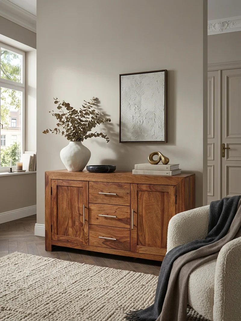 Sideboard – Massivholz, 3 Schubladen, 2 Türen, Landhausstil