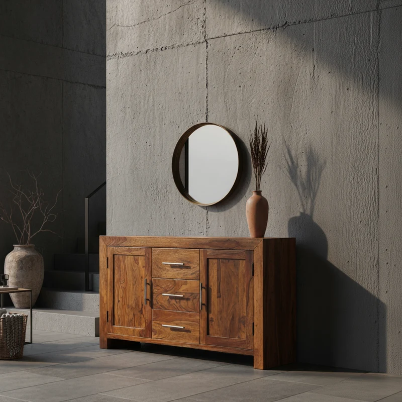 Sideboard – Massivholz, 3 Schubladen, 2 Türen, Landhausstil