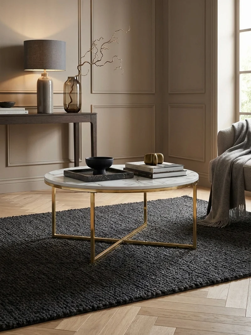 Couchtisch mit Marmor-Optik und Hochglanz-Finish, rund